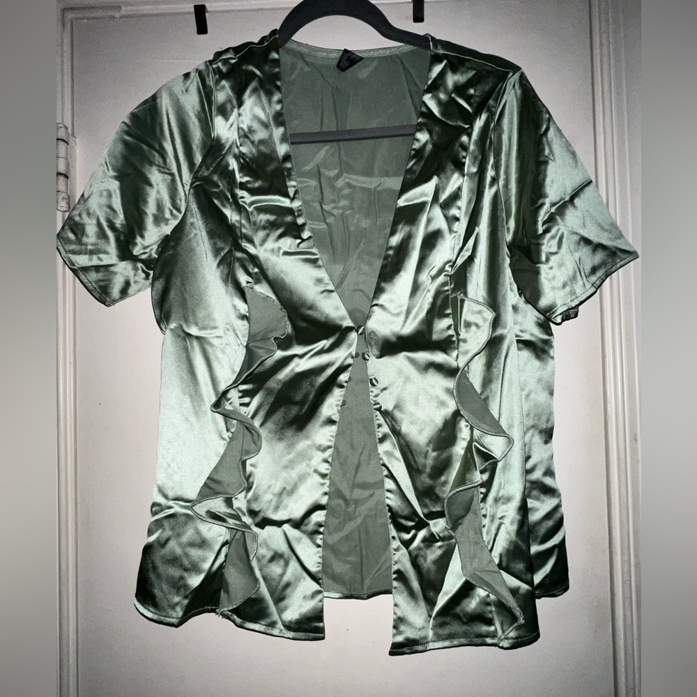 Plus Button Front Ruffle Trim Satin Top - Picture 3 of 4